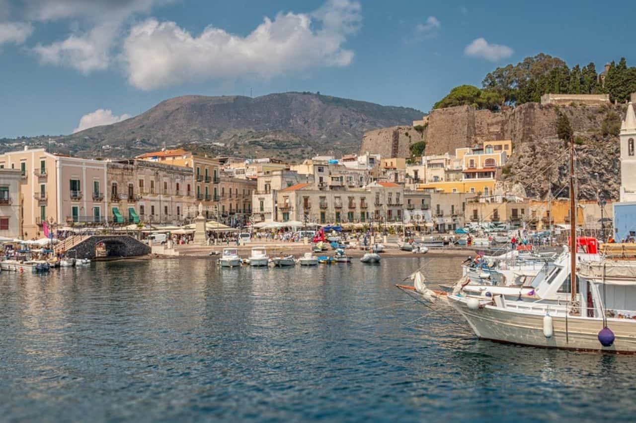View of active volcano islands at Lipari Italy