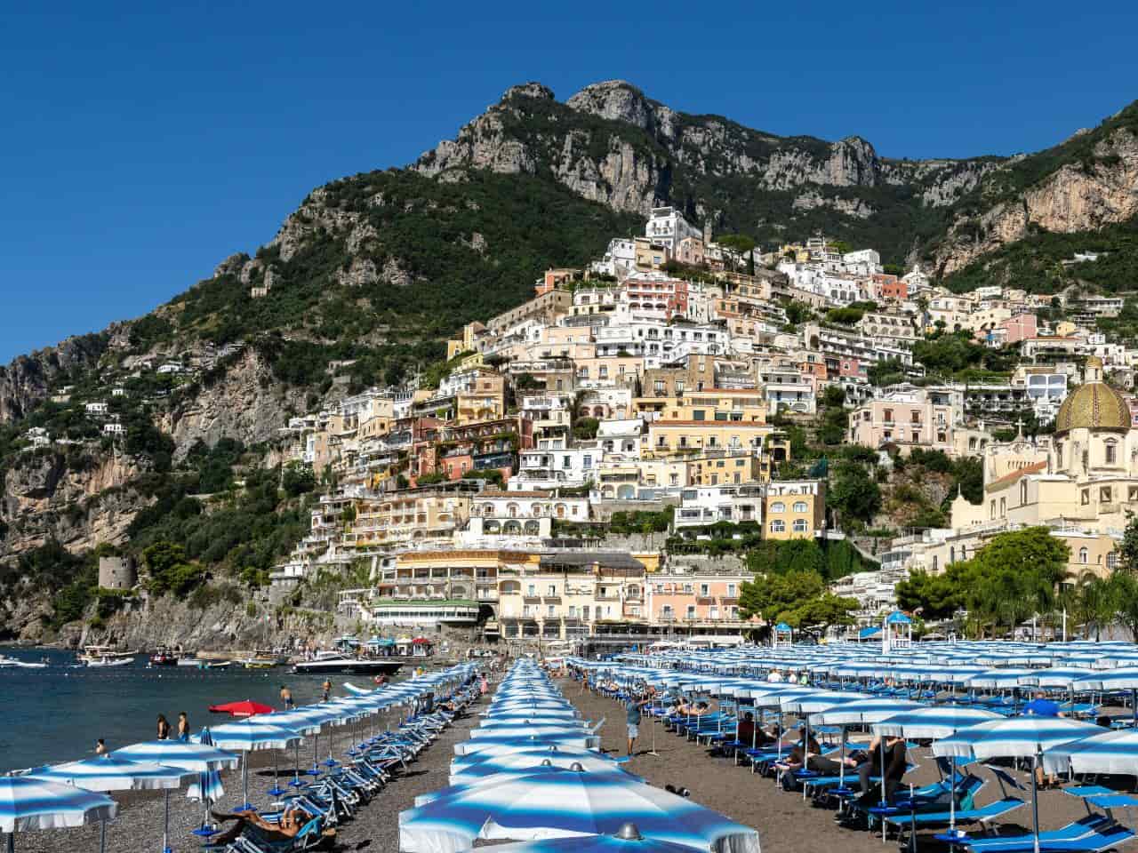 Spiaggia Grande, the main beach of Positano, a renowned town on Italy's Amalfi Coast.