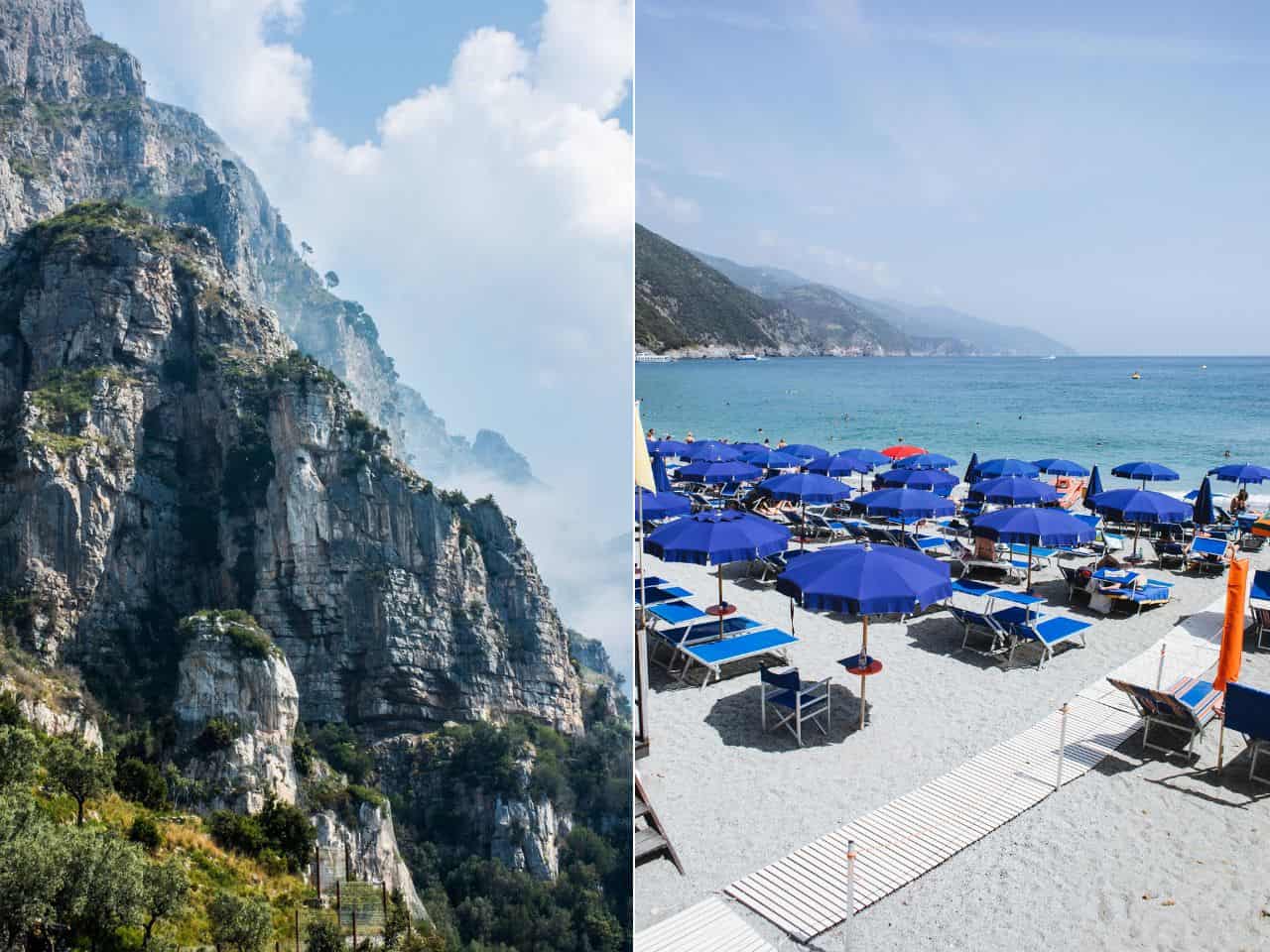 Collage of the iconic towering camperio cliffs and lido delle sirene beach on the Amalfi Coast