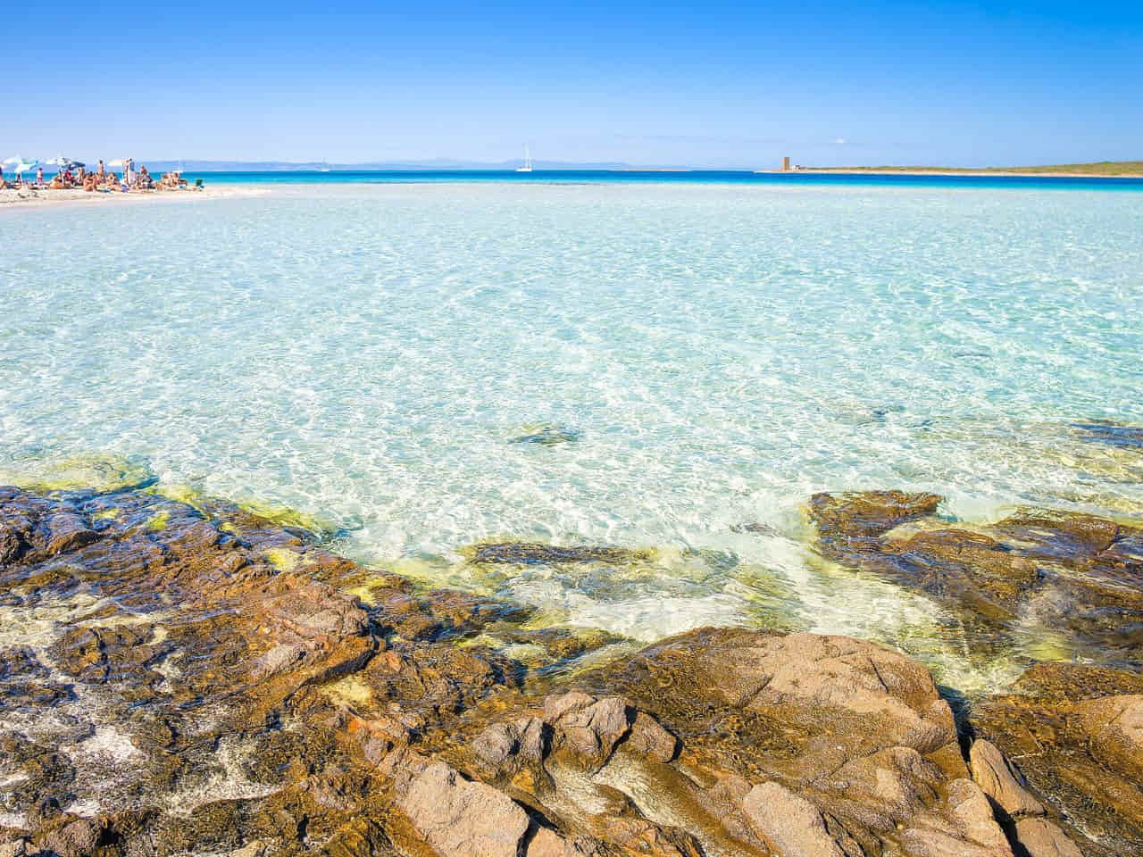 People relaxing in the crystal clear water of La Pelosa Beach in Sardinia, Italy