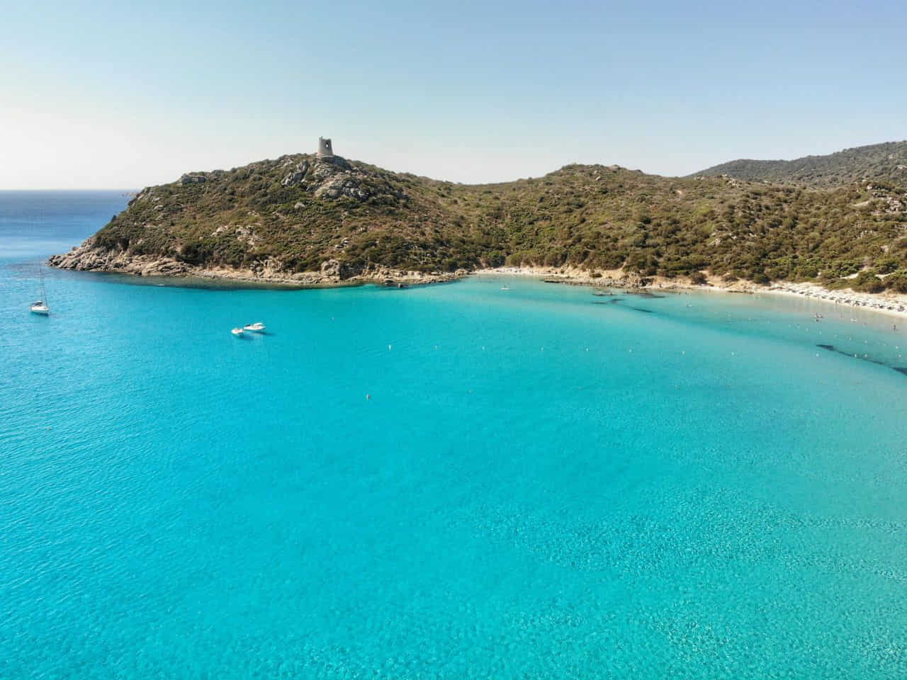 Aerial view of Villasimius in Sourthern Sardinia near Poetto Beach, Italy