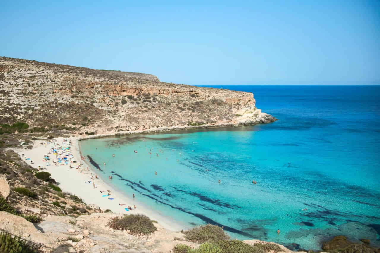 Aerial View of Spiaggia dei Conigli (Rabbit Beach) Sicily on Lampedusa Island Italy