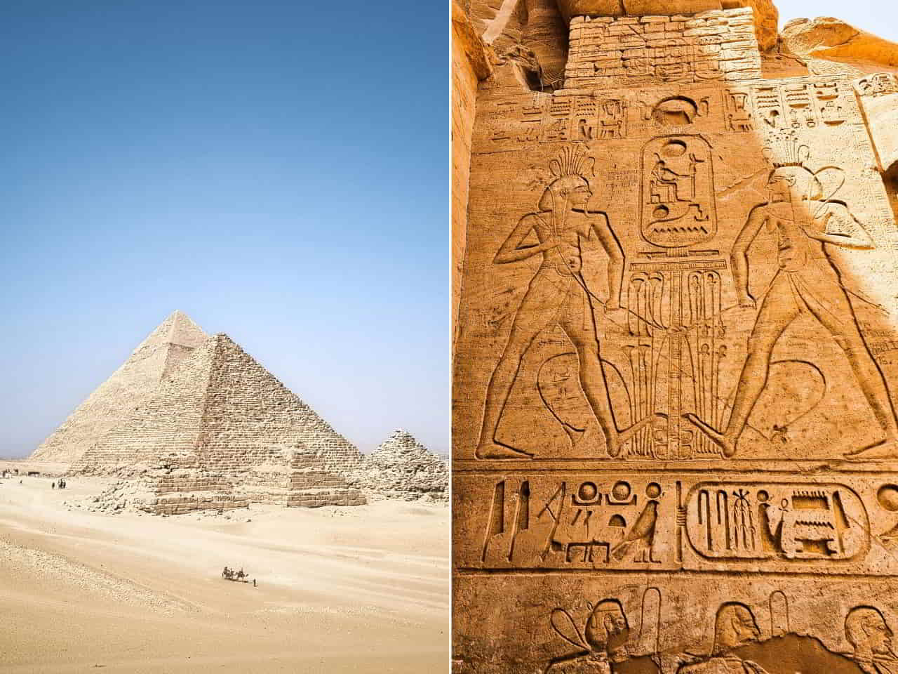 Collage of a Beautiful Giza Governorate and Ancient Egyptian Hieroglyphs and Carvings on Temple Wall, Egypt