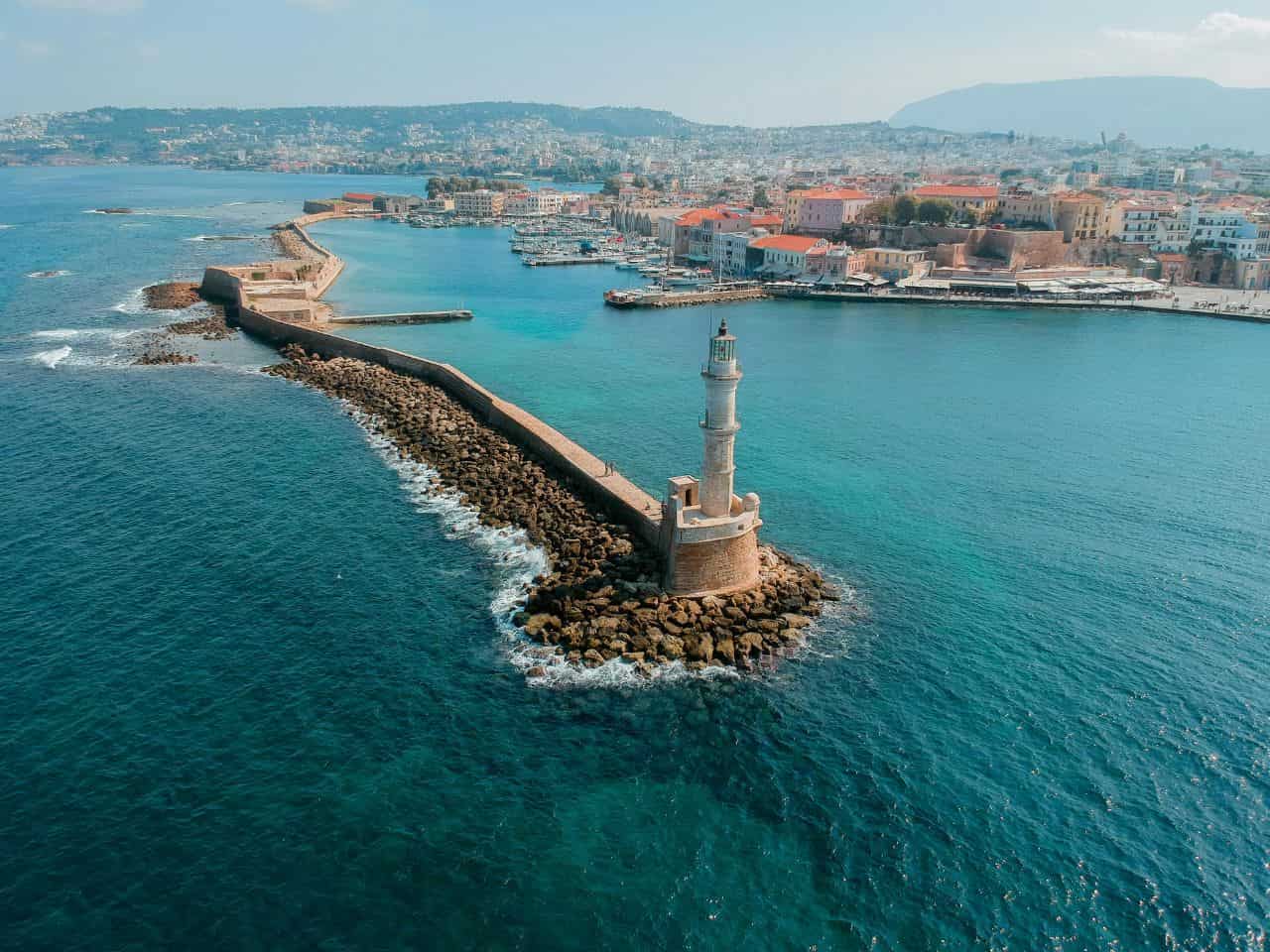 Aerial view of The Famous Lighthouse of Chania town of Crete Greece