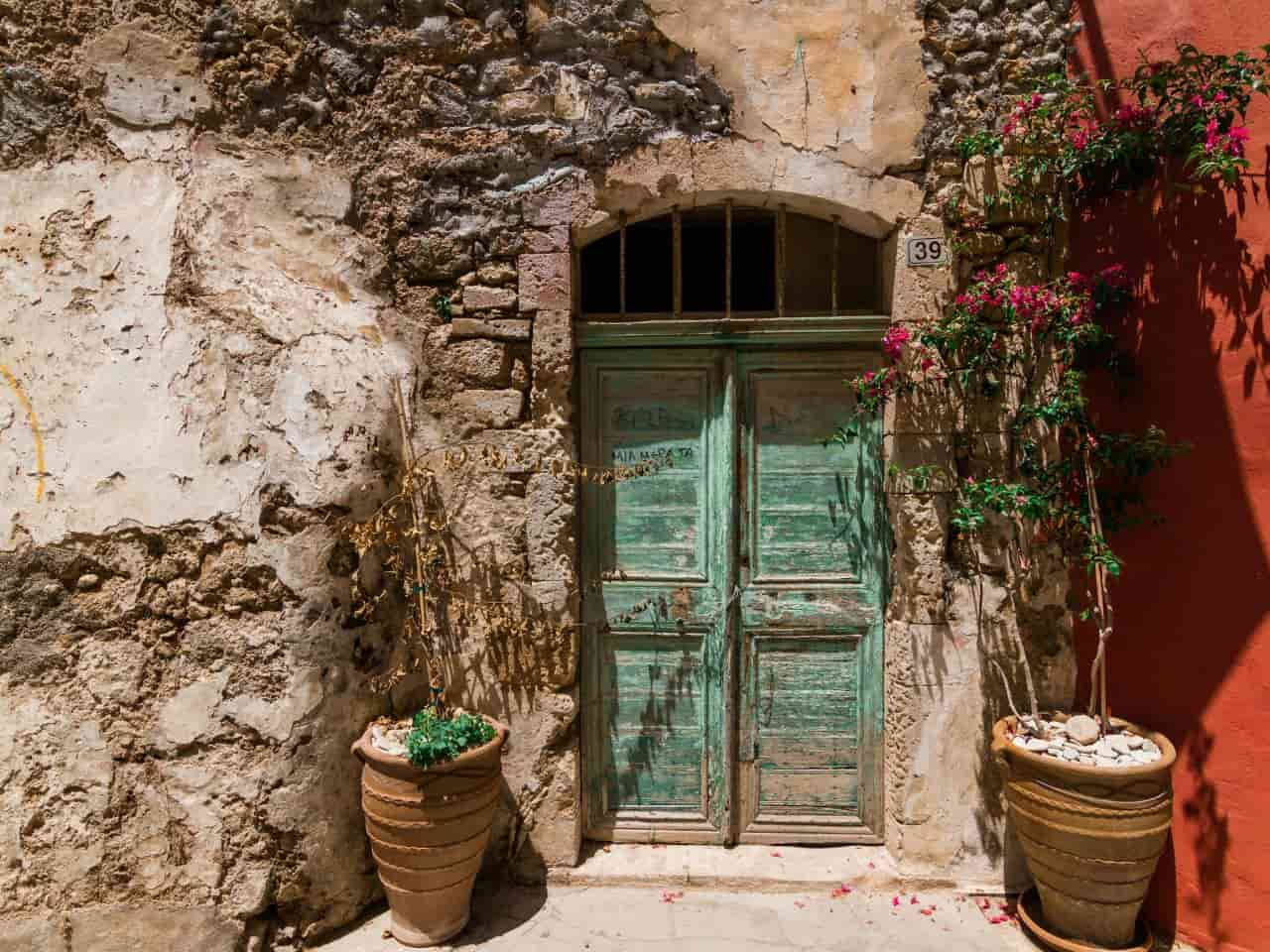 View of a house door from Charming old town of Rethymno Crete Greece