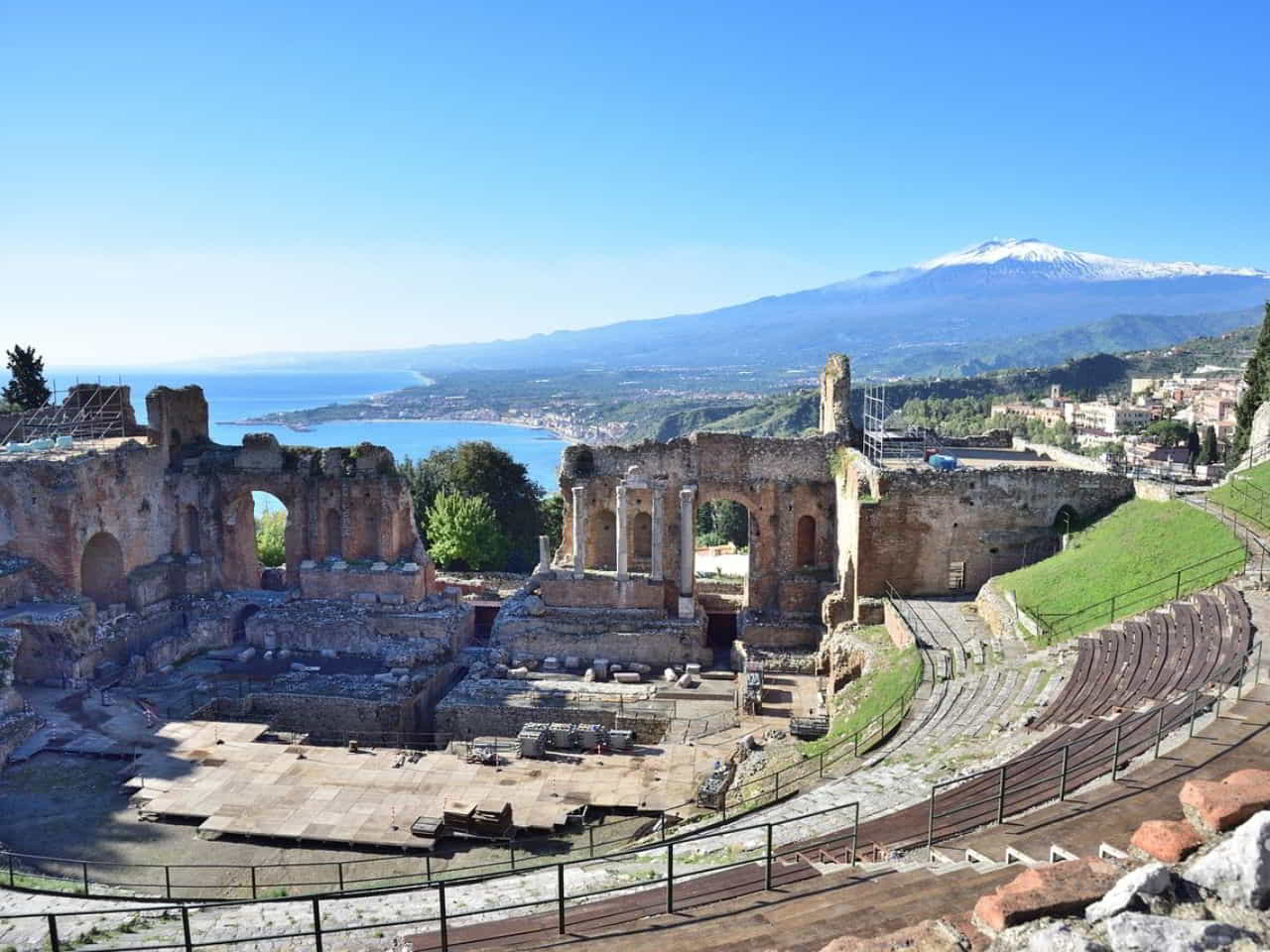 Stunning view of Teatro Antico di Taormina Italy