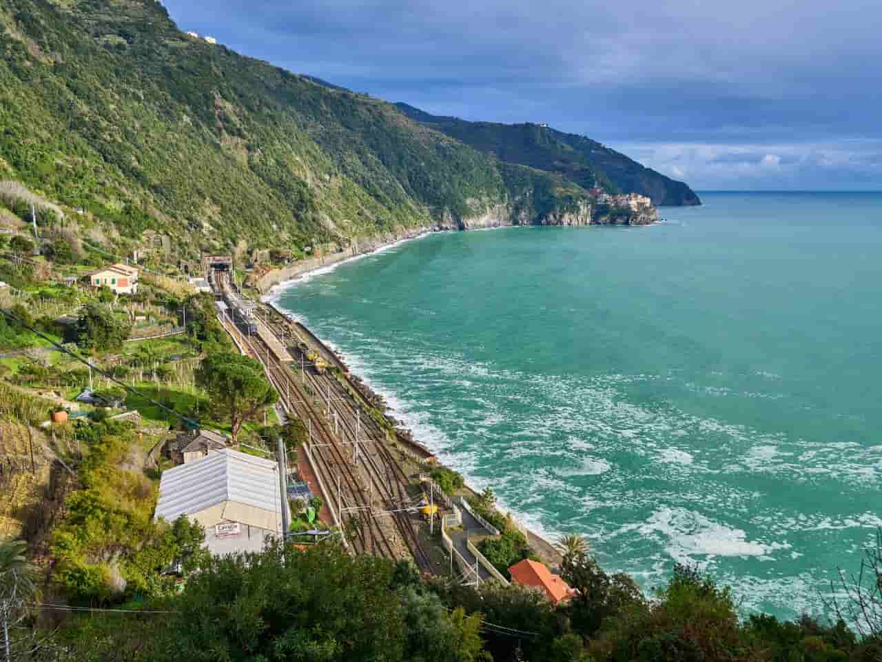 Train view by the coastline of Cinque Terre Italy