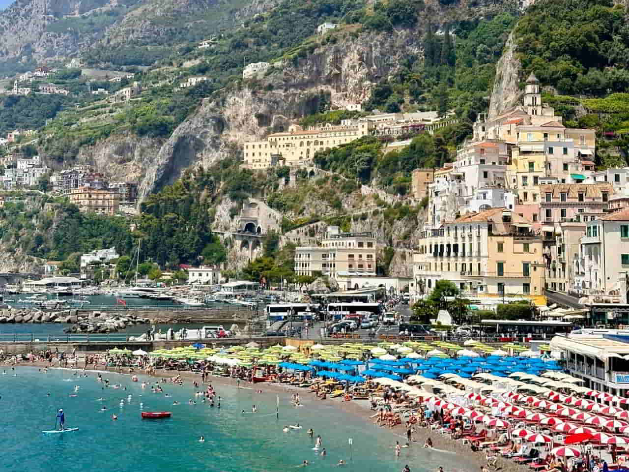 People relaxing on the beach in the Amalfi Coast Italy