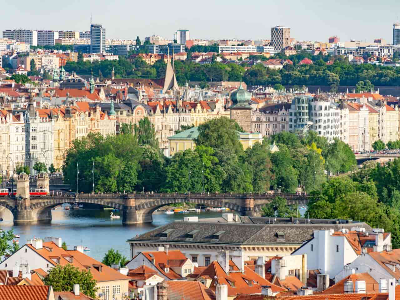 panoramic view of Prague, Czech Republic, with a focus on the historic Charles Bridge crossing the Vltava river.