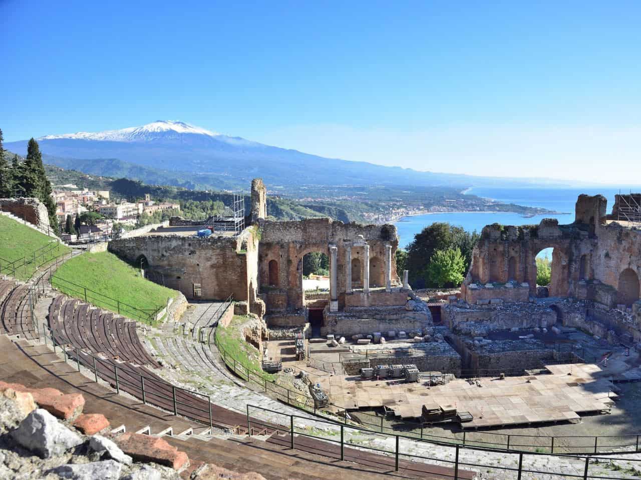 View of the Greek theatre of Taormina Sicily