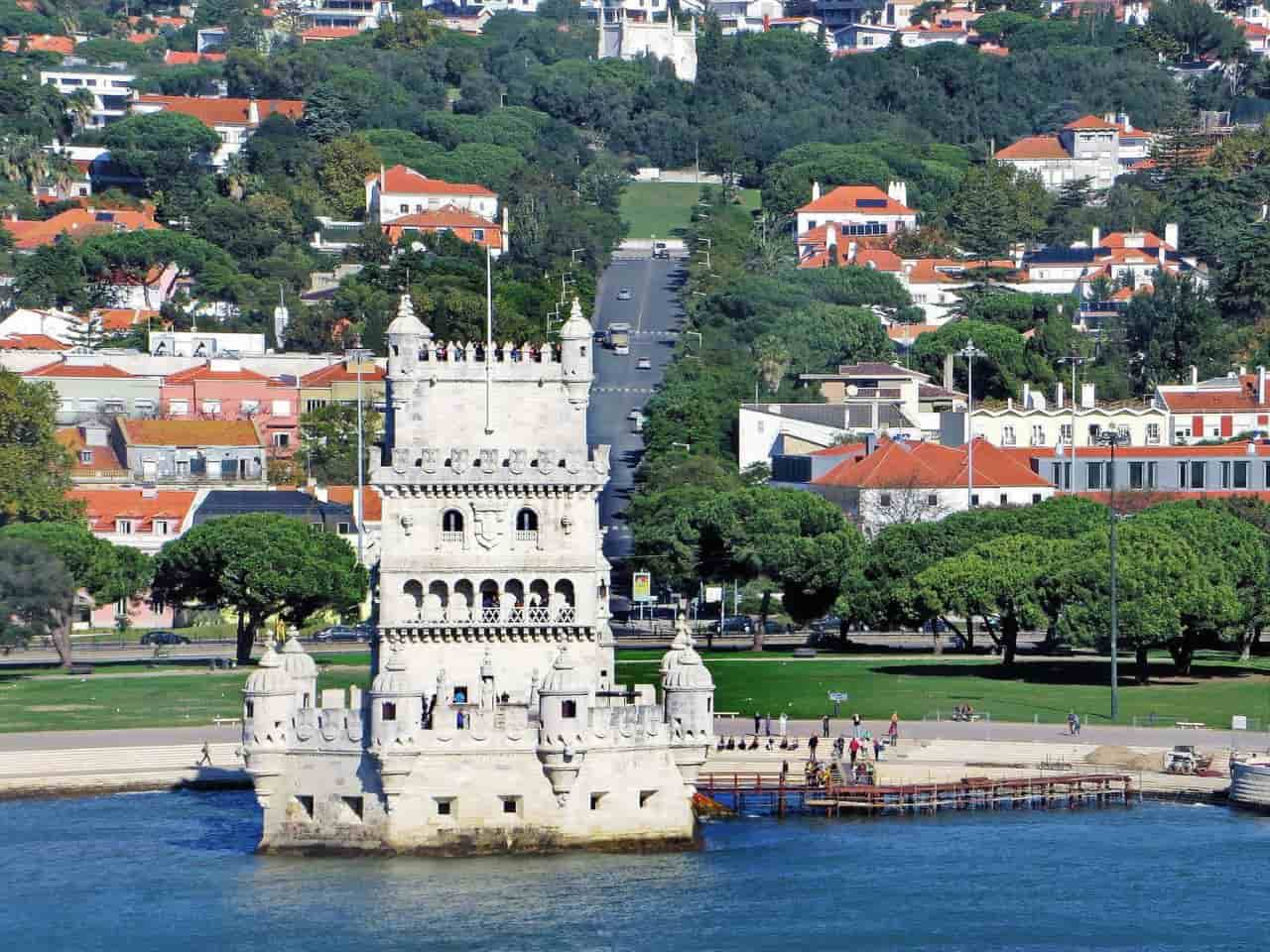 The historic Belém Tower (Torre de Belém) on the banks of the Tagus River in Lisbon, Portugal.