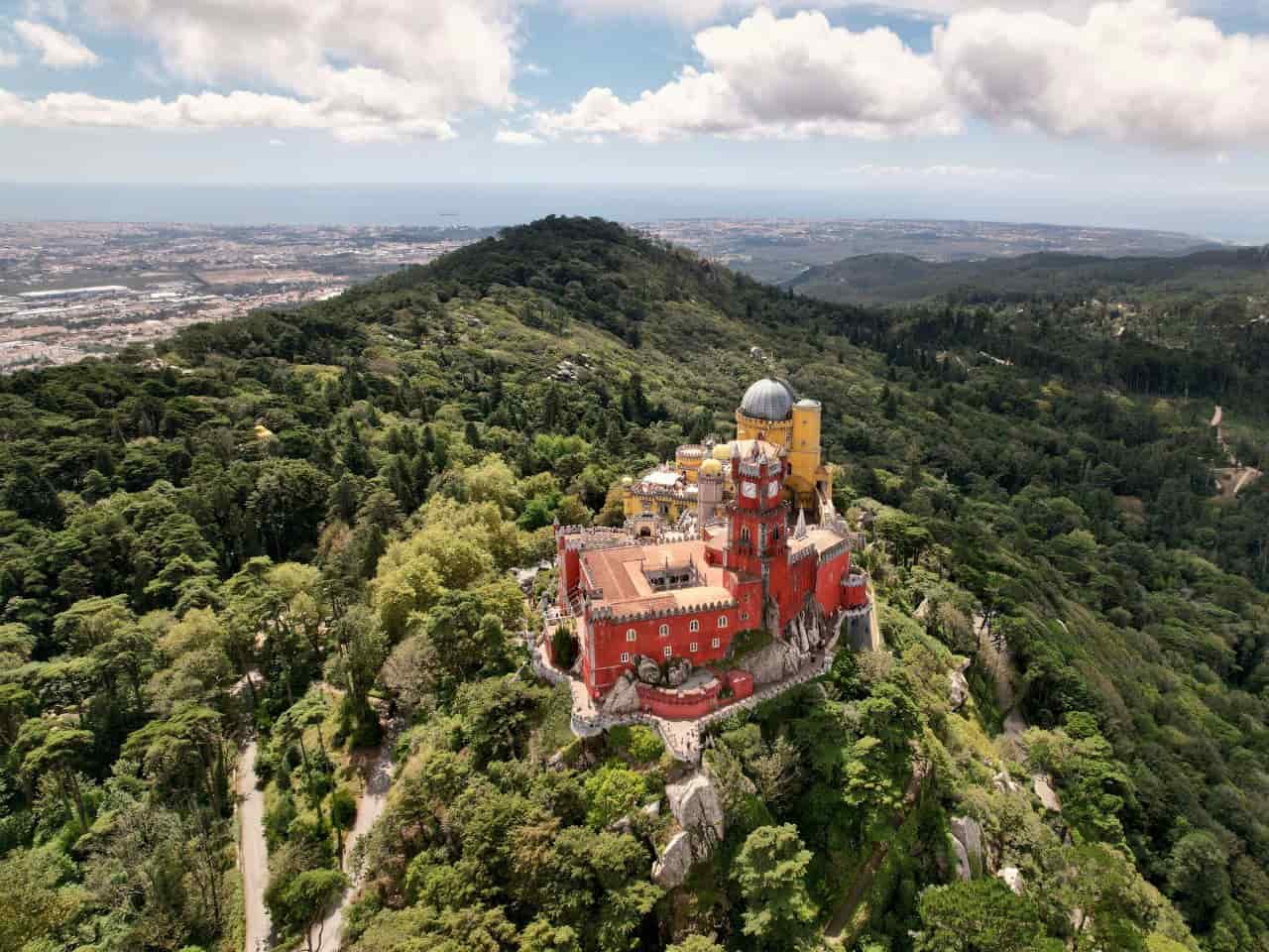 Aerial view of Pena Palace in Sintara Lisbon
