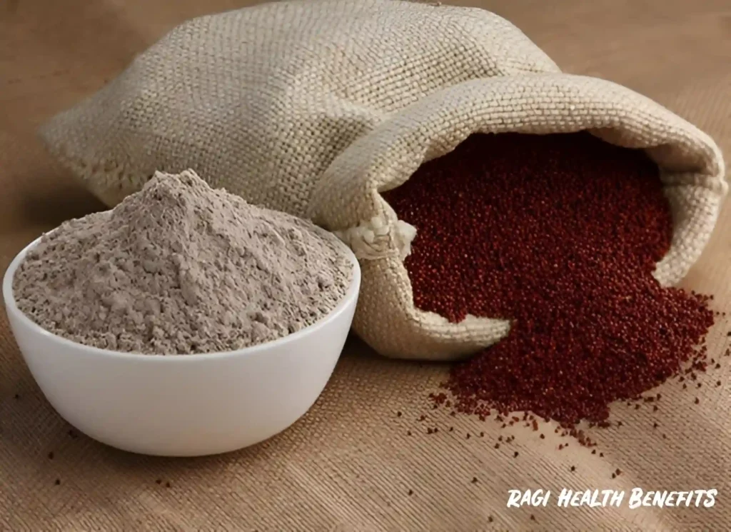 A bag of Ragi (Finger Millet) and a bowl of ragi flour describes Ragi Health Benefits