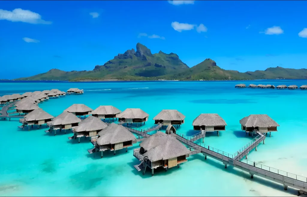 Aerial view of the overwater bungalows in Bora Bora Island which is one of the most romantic places in the world