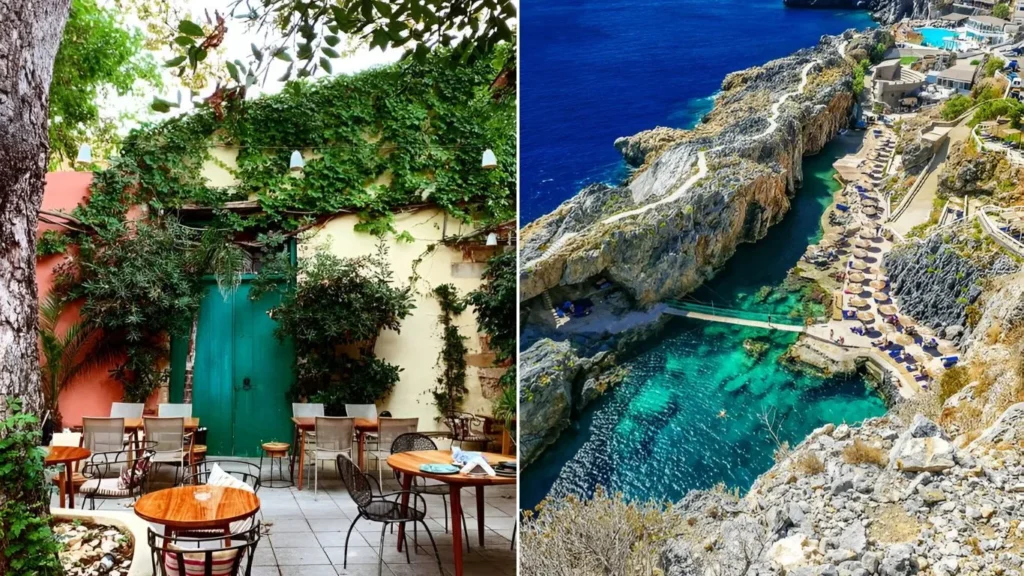 A collage of best things to do in Crete, Greece having beautiful sitting (table and chairs) of a restaurant with an incredible view of Balos beach, Crete, Greece