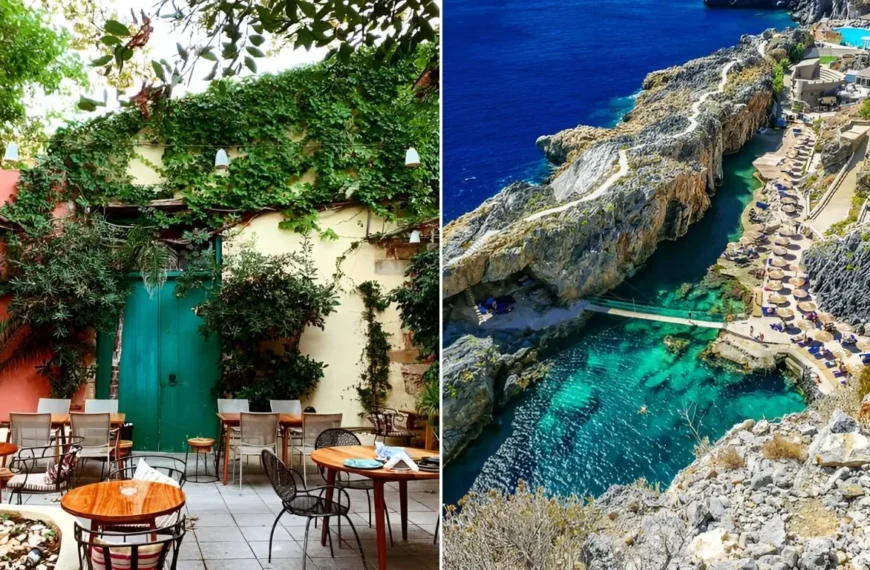 A collage of best things to do in Crete, Greece having beautiful sitting (table and chairs) of a restaurant with an incredible view of Balos beach, Crete, Greece