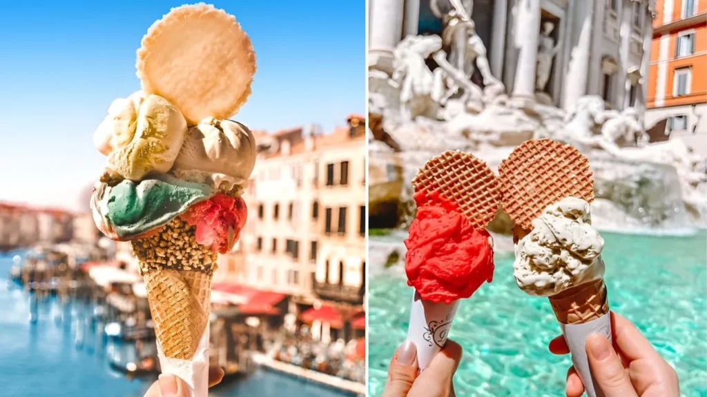 A collage of hand holding best gelato in Rome, Italy with a beautiful background of Trevi fountain