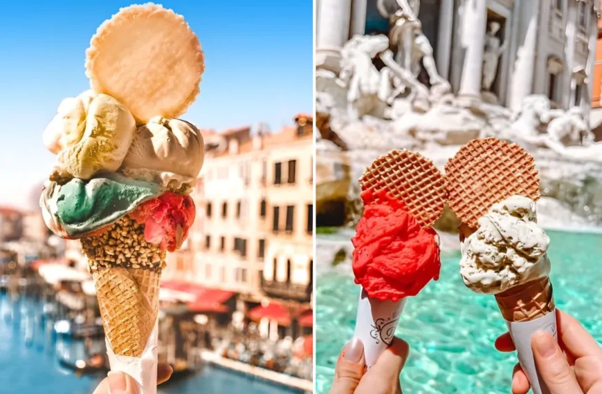 A collage of hand holding best gelato in Rome, Italy with a beautiful background of Trevi fountain