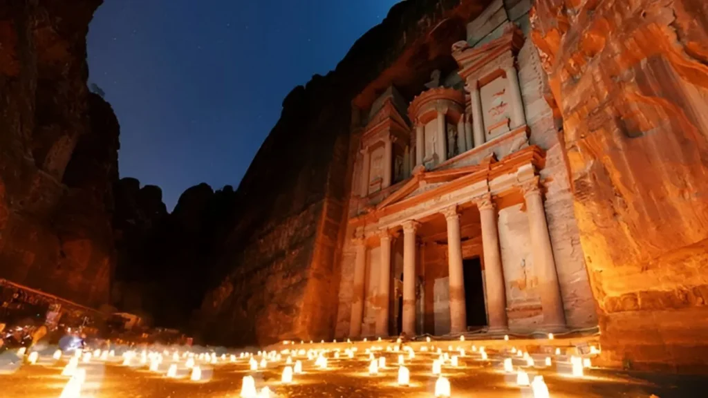 The rose city at night, famous travel destination in Middle-East, Visiting Petra, Jordan