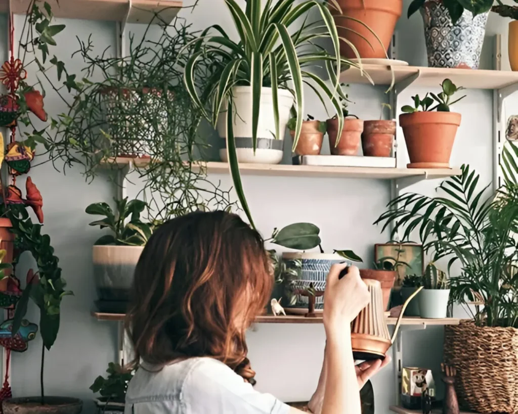 A woman giving water to plants kept on a wall shelf describes one of the hobbies that make money as a passive income