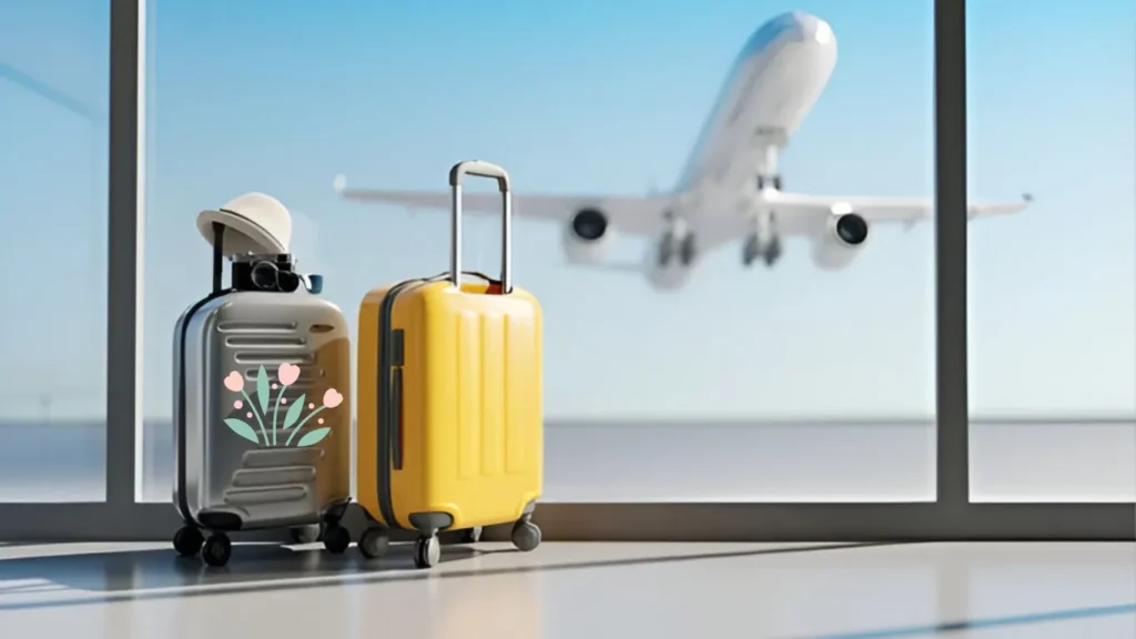 2 travel bags placed in front of a big glass door and a plane is taking off the ground can be seen from that glass door