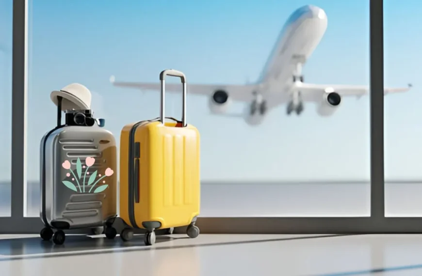 2 travel bags placed in front of a big glass door and a plane is taking off the ground can be seen from that glass door