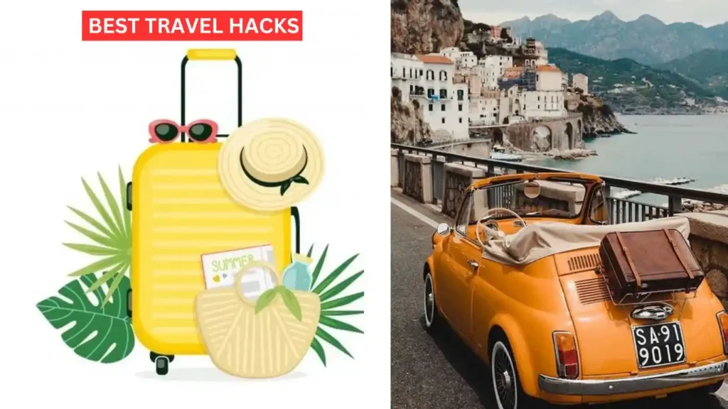 A collage of a travel bag, purse, hat and some green leaves along with a car parked on the Amalfi coast road describes best travel hacks