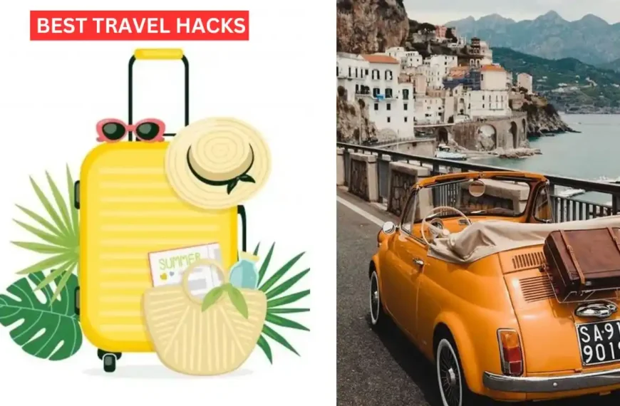 A collage of a travel bag, purse, hat and some green leaves along with a car parked on the Amalfi coast road describes best travel hacks 