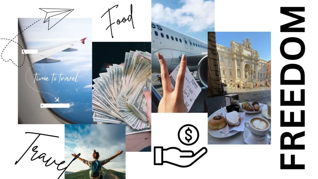 a collage of home page image of traffic18.com website having a flying plane, lots of dollars in a girl's hand, a victory sign made by a girl holding her boarding pass in front of a standing plane, food on table in front of Trevi Fountain Italy, a wrote "freedom" word in a bold and a capital letters