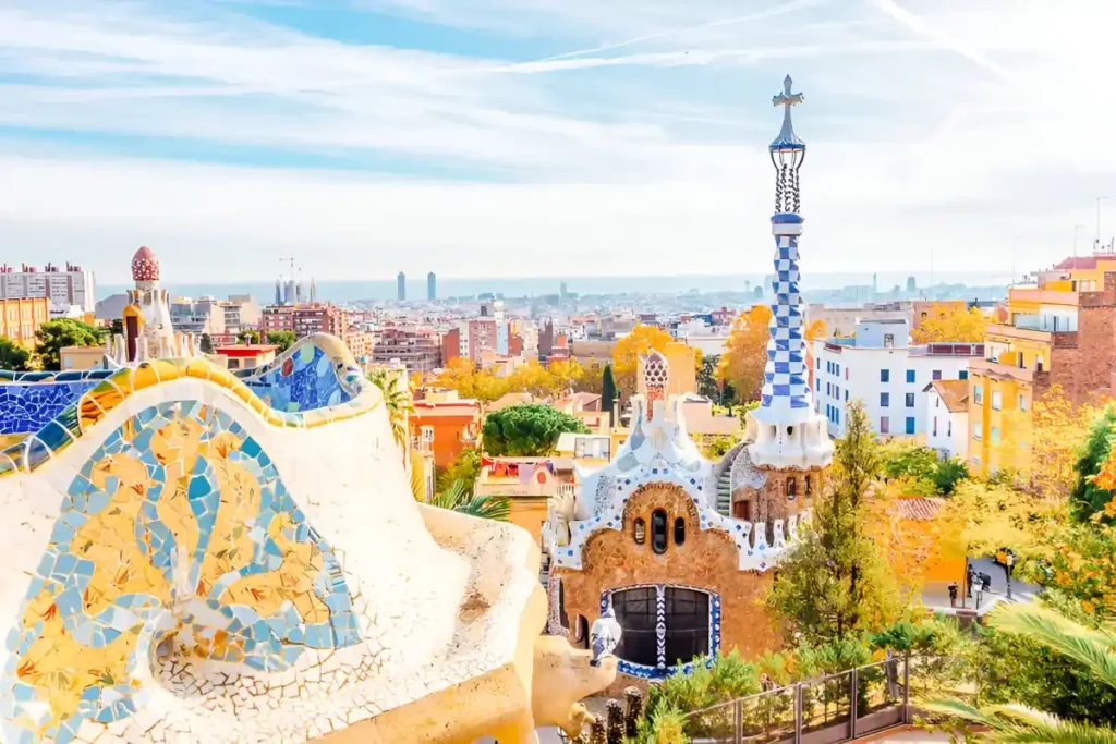 Panoramic view of Park Guell in Barcelona, Catalunya Spain; which is the most romantic places in the world for couples