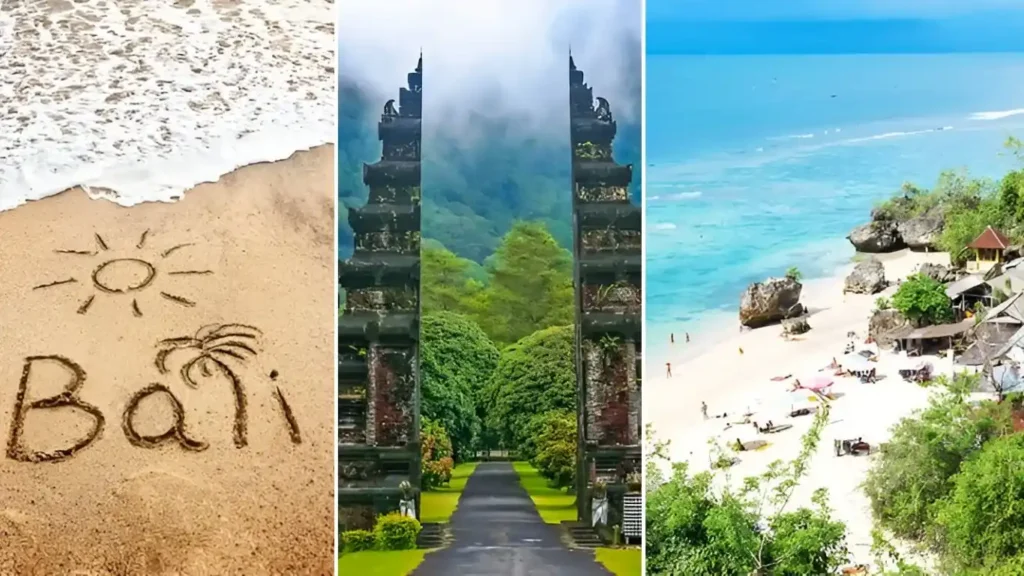 Collage of Bali Beach, Lempuyang Luhur temple gate, and people are socking at the beautiful tropical sand beach in the most romantic places in the world