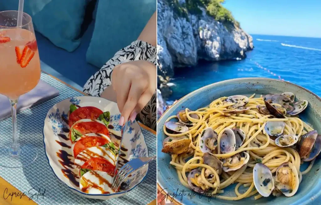 collage of Caprese Salad enjoying by a girl and a dish of Spaghetti alle Vongole