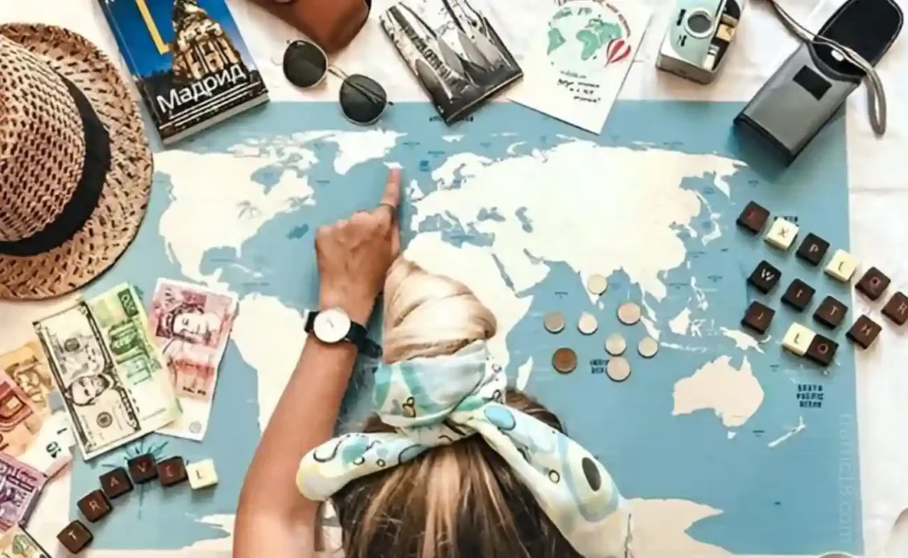 woman researching on a world map post reading these travel hacks