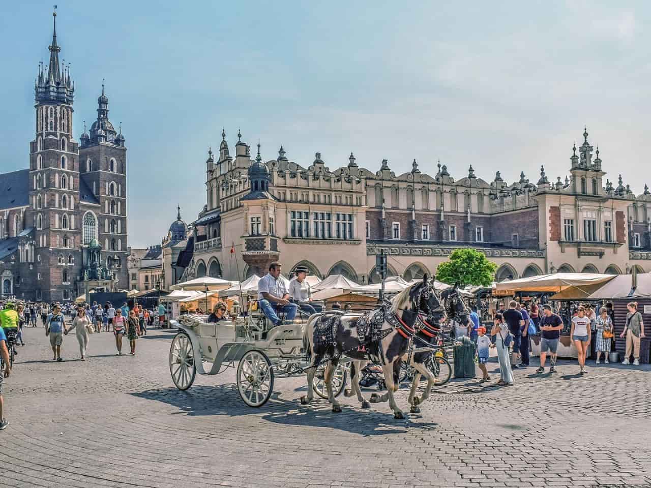 Main Market Square (Rynek Główny) in the Old Town of Kraków, Poland, Read this cheap Europe travel guide