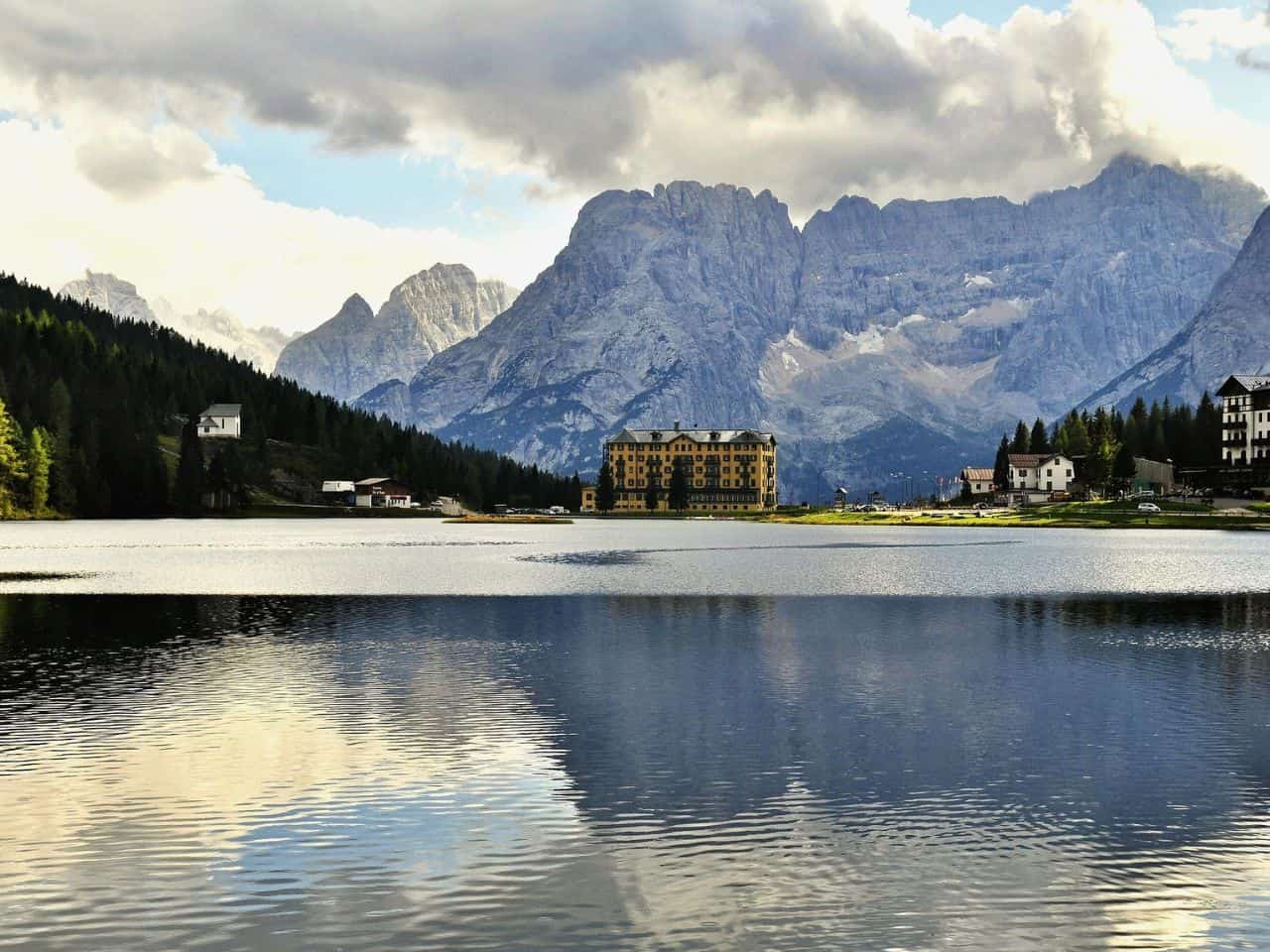 scenic view features Lake Misurina in the Italian Dolomites