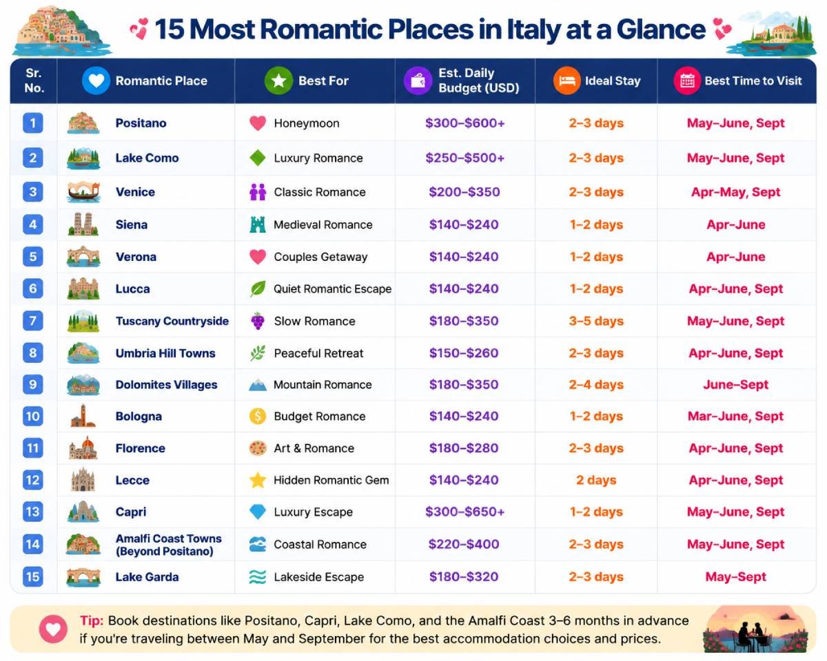 Quick Comparison Table for the Most Romantic Places in Italy