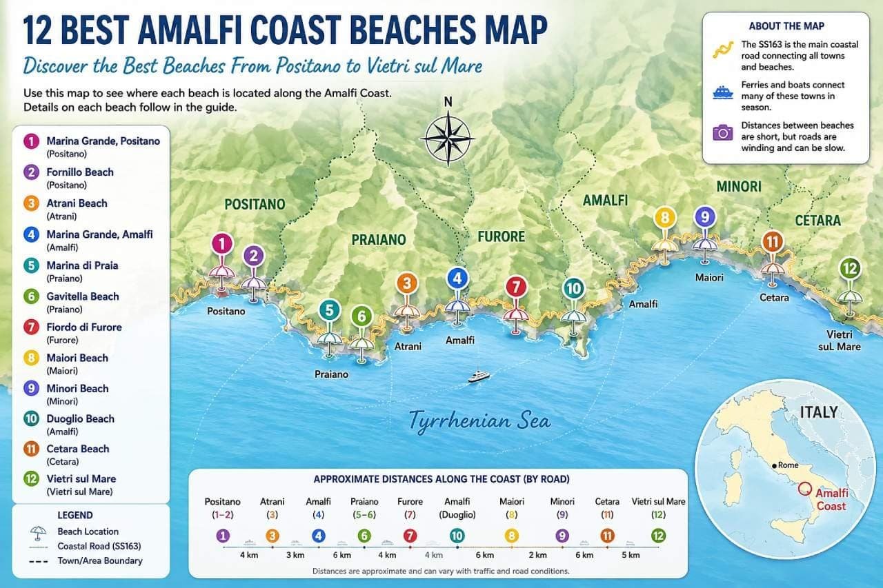 infographics showing the best beaches on the Amalfi Coast
