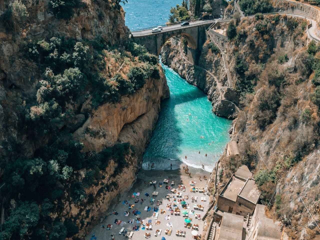 Beautiful view of Fiordo di Furore Coastal Cove Beach of the Amalfi Coast