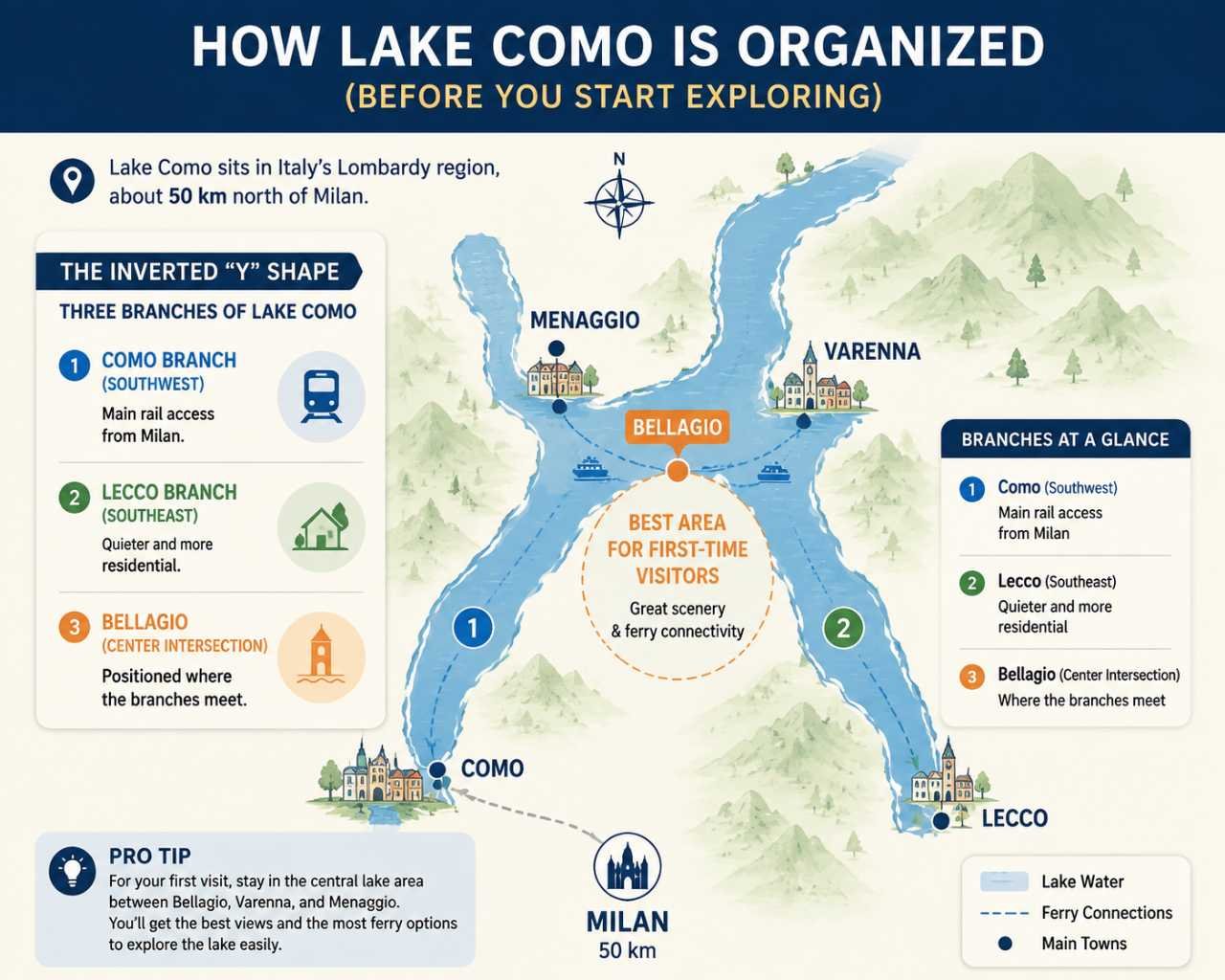 Map showing how Lake Como is organized with the Como, Lecco, and Bellagio branches and the central lake area around Bellagio, Varenna, and Menaggio.