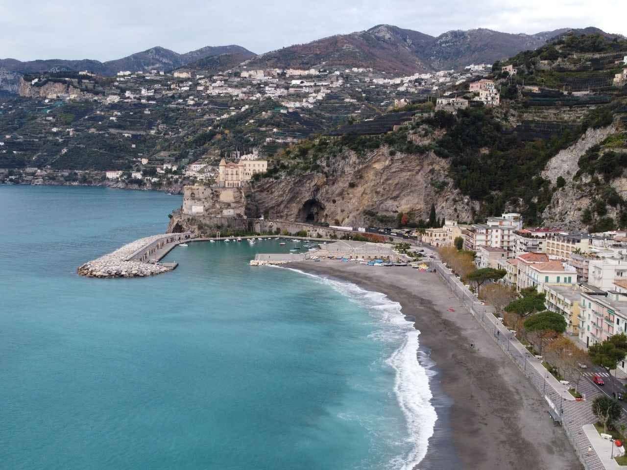 Aerial view of Spiaggia di Maiori Amalfi Coast best beach