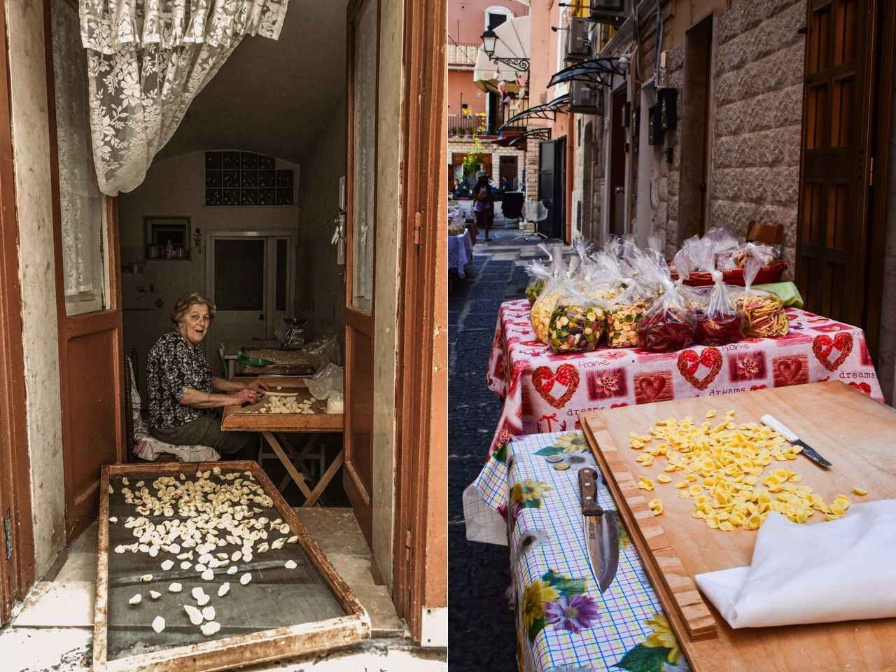 Collage of an Old town alleys of Bari Vecchia with fresh pasta being made