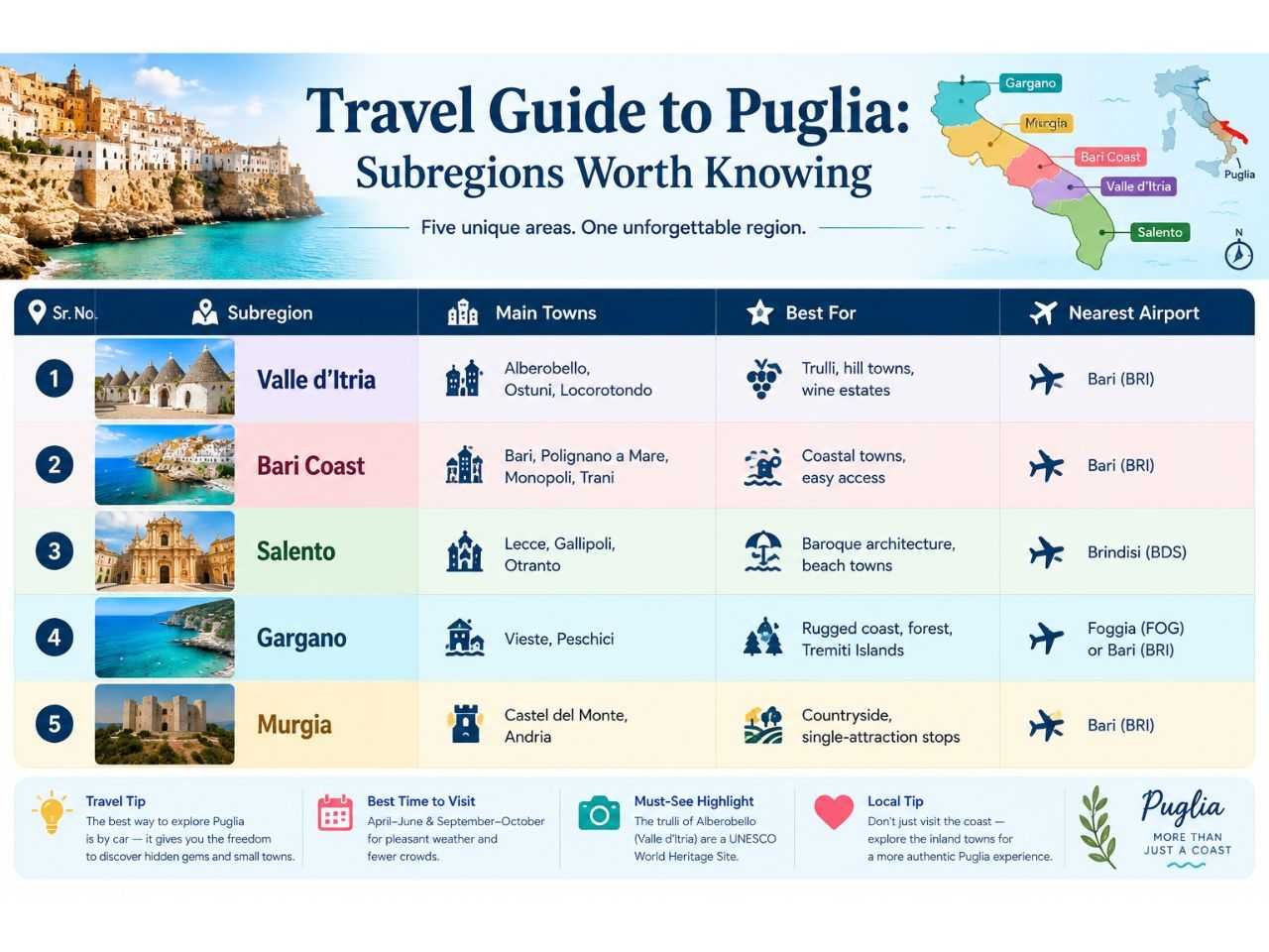 Travel Guide to Puglia Infographic detailing
