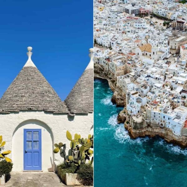 Collage show the iconic trulli of Alberobello alongside coastal town of Polignano a Mare Puglia Italy