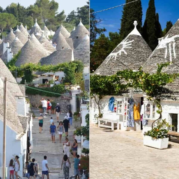 Collage on traditional trulli houses of Alberobello Puglia Italy