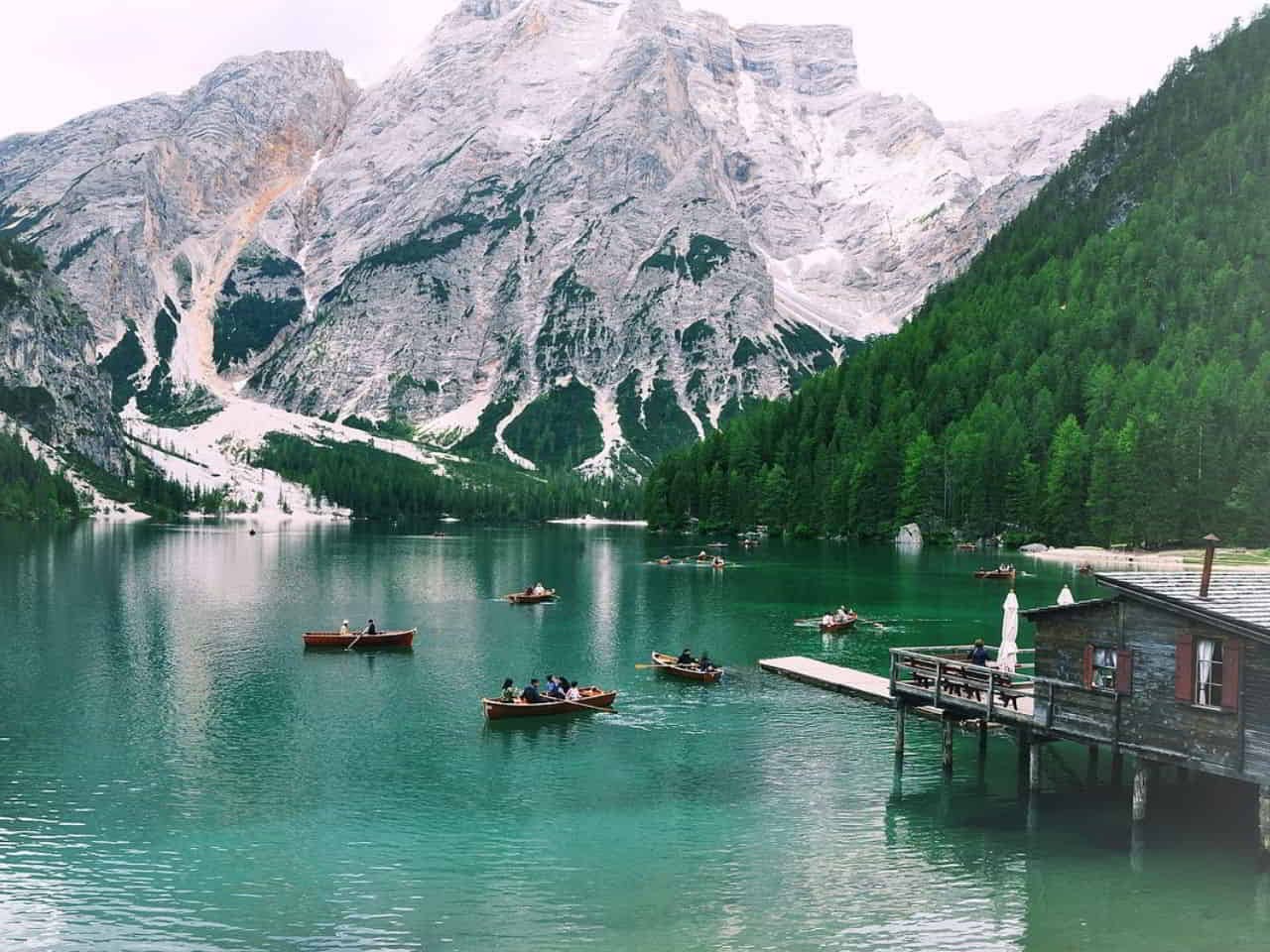 scenic view of lago di braies aka lake braies in Dolomites Italy