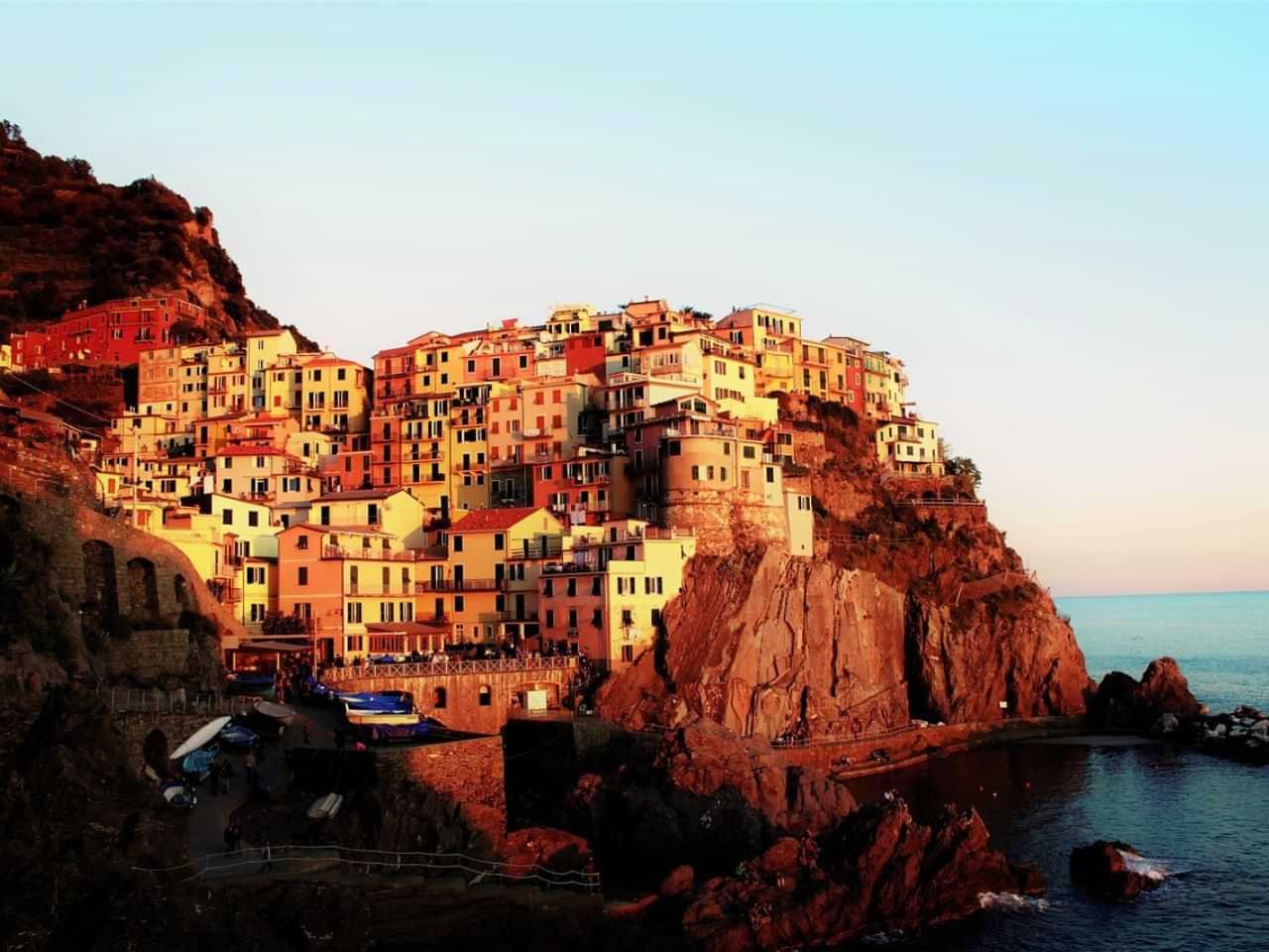 Manarola at sunset from the shoreline viewpoint